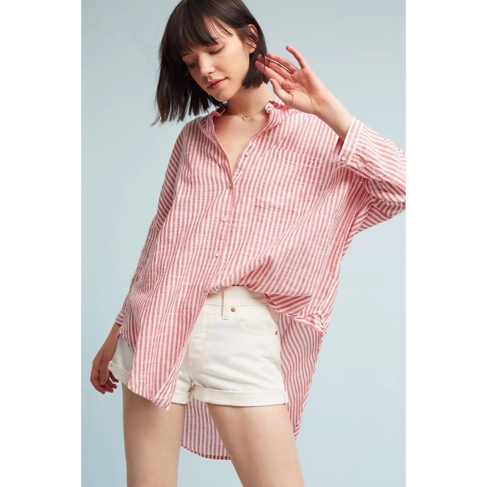 Anthropologie HOLDING HORSES Monroe Oversized Buttondown Red White X-Small Small